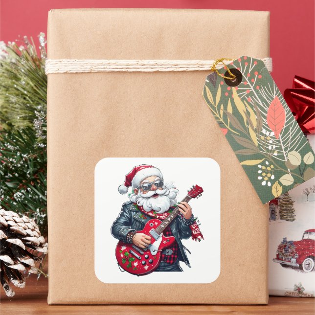 Adesivo Quadrado Cool Rocker Santa Playing Red Guitar (Feriado)