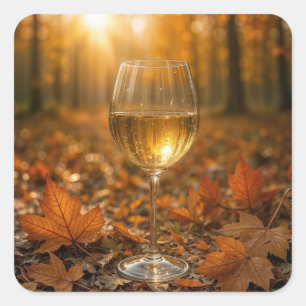 Adesivo Quadrado Copo de Vinho Branco em Folhas de Bordo de Outono