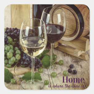 Adesivo Quadrado Copos de Vinho Tinto e Branco Barril de Uvas
