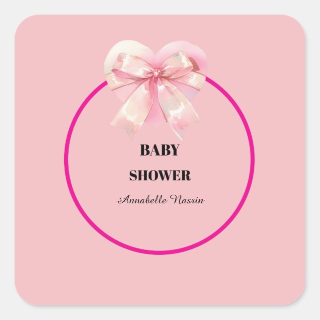 Adesivo Quadrado Coquette Pink Bow Ribbon Girl Baby Shower (Frente)