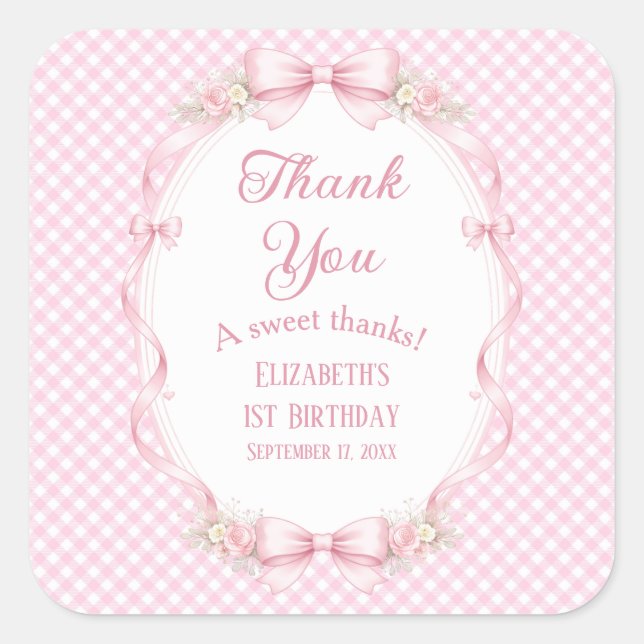 Adesivo Quadrado Coquette Pink Gingham Bow First Birthday Thank You (Frente)