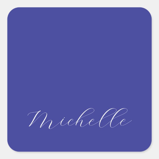 Adesivo Quadrado Cor Azul Profunda Caligrafia Moderna Simples Nome  (Frente)