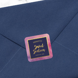 Adesivo Quadrado Cor d'água rosa púrpura e doce Dourado falso dez