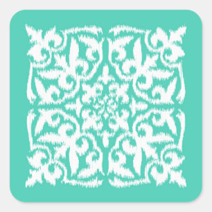 Adesivo Quadrado Cor damasco de Ikat - azul e branco de pavão