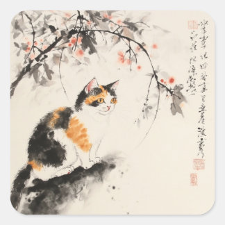 Adesivo Quadrado Cor de água chinesa - gato Calico