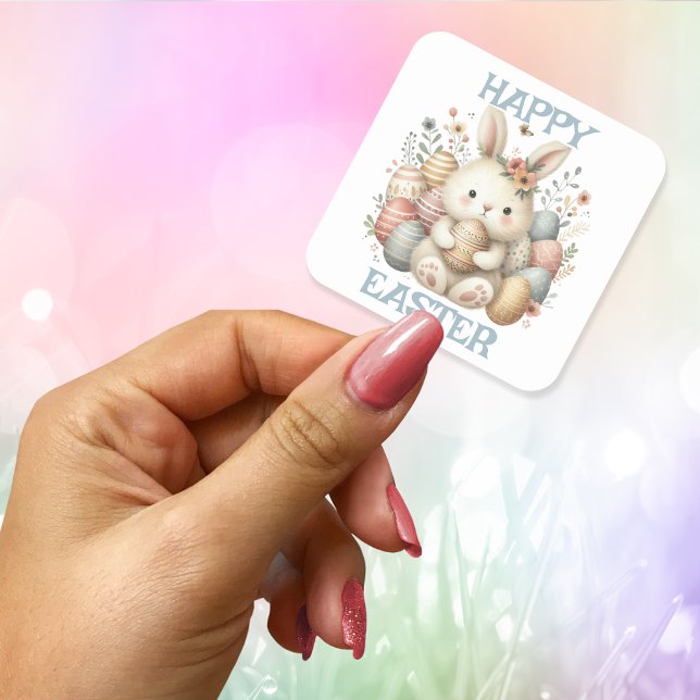 Adesivo Quadrado Cor-de-água doce Páscoa coalhada (Cute watercolor Bunny Easter Square Sticker)