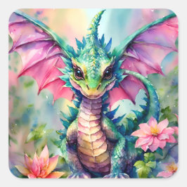 Adesivo Quadrado Cor Floral das Asas Rosa Verde Dragão