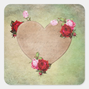 Adesivo Quadrado Coração Castanho Floral Vintage com Rosas Rosa Ver