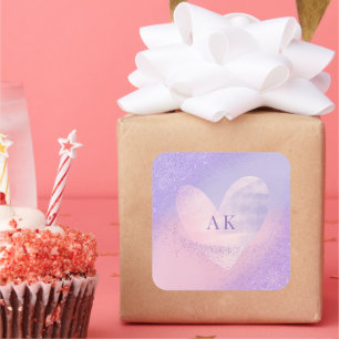 Adesivo Quadrado Coração com Gradiente Rosa Púrpura Monograma