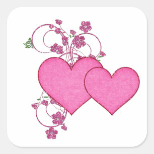 Adesivo Quadrado Coração Duplo Rosa & Design Brilhante Dia dos Namo
