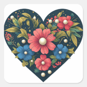 Adesivo Quadrado 💕 Coração Floral Colorido Para Decoração de Casam