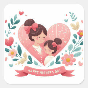 Adesivo Quadrado Coração Floral de Mãe e Filha - Feliz Dia das Mães