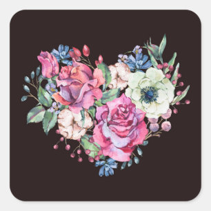 Adesivo Quadrado Coração floral em aquarela: rosas vintage.