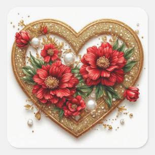 Adesivo Quadrado 💐 Coração Floral Vermelho para Detalhes da Festa