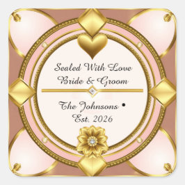 Adesivo Quadrado ✨ Coração Moderno em Rosa Dourado Casamento 🖤