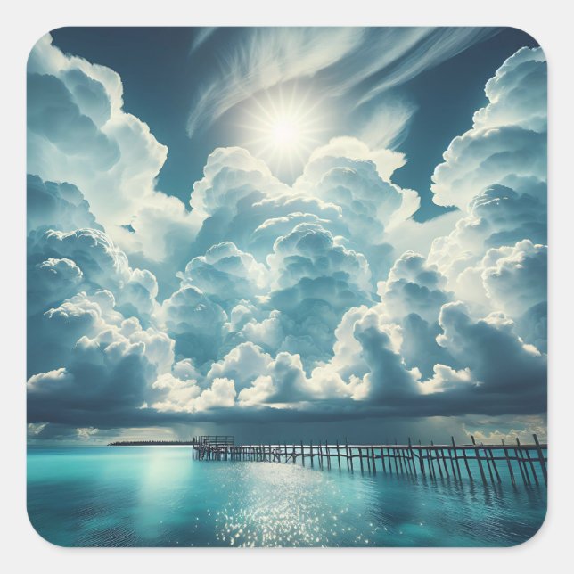 Adesivo Quadrado Coração nas Nuvens acima do Oceano Coral (Frente)