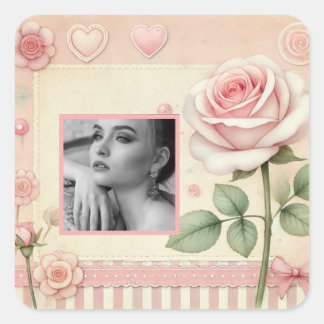 Adesivo Quadrado Corações de rosa cor-de-rosa vintage floral foto a