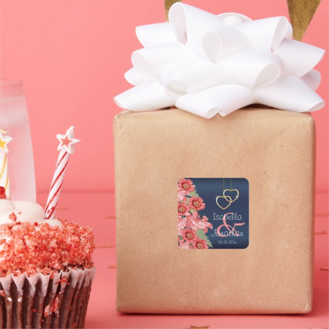 Adesivo Quadrado Corações Dourados em Satin de Coral e Marinho (Festa)