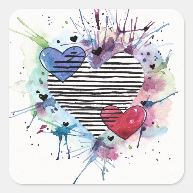 Adesivo Quadrado Corações E Lavações Em Aquarela (Frente)