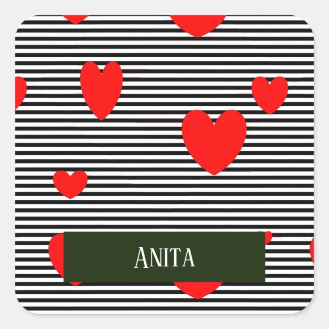 Adesivo Quadrado Corações e listras vermelhas personalizadas (Frente)