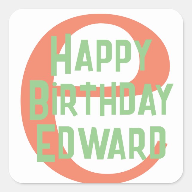 Adesivo Quadrado coral de aniversário feliz ORANGE GREEN NAME Stick (Frente)