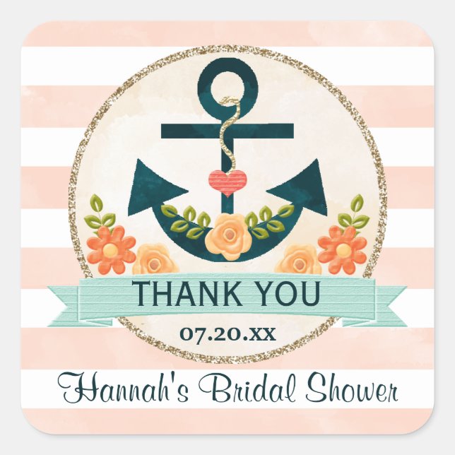 Adesivo Quadrado Coral e Anchor Floral Náutica Marinho Obrigado (Frente)