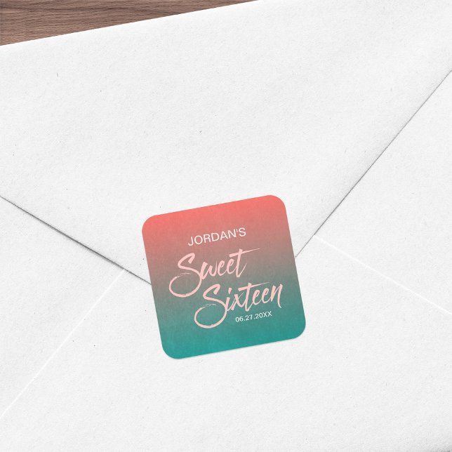 Adesivo Quadrado Coral e Teal Gradient Doce 16 Aniversário (Criador carregado)