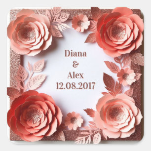 Adesivo Quadrado 💍 Coral Floral Casamento com acentos de brilho do
