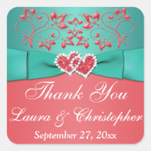Coral, Teal Floral, Coração 1,5" Sq. Favor de Casa