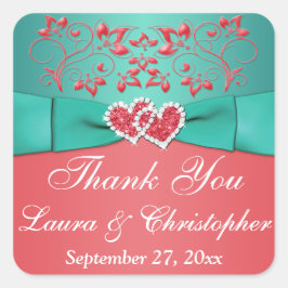 Adesivo Quadrado Coral, Teal Floral, Coração 1,5" Sq. Favor de Casa