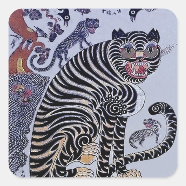 Adesivo Quadrado Coreano Tiger Minhwa com Três Cubos (Frente)