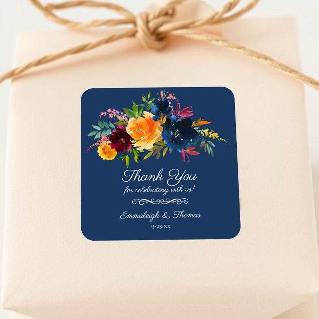 Adesivo Quadrado Cores Brilhantes Aquarela Floral Obrigado (Criador carregado)