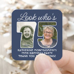 Adesivo Quadrado Cores de cor ・ Veja quem é a 75 Festa de aniversár<br><div class="desc">Olha quem tem 75 anos! Adicione um toque personalizado de acabamento a 75.º favoritos de festa de aniversário, convites e notas de agradecimento com adesivos personalizados de quadrado fotográfico / selos de envelope. Imagens e todos os textos neste modelo são simples de personalizar. As cores azul e branca do marinho...</div>