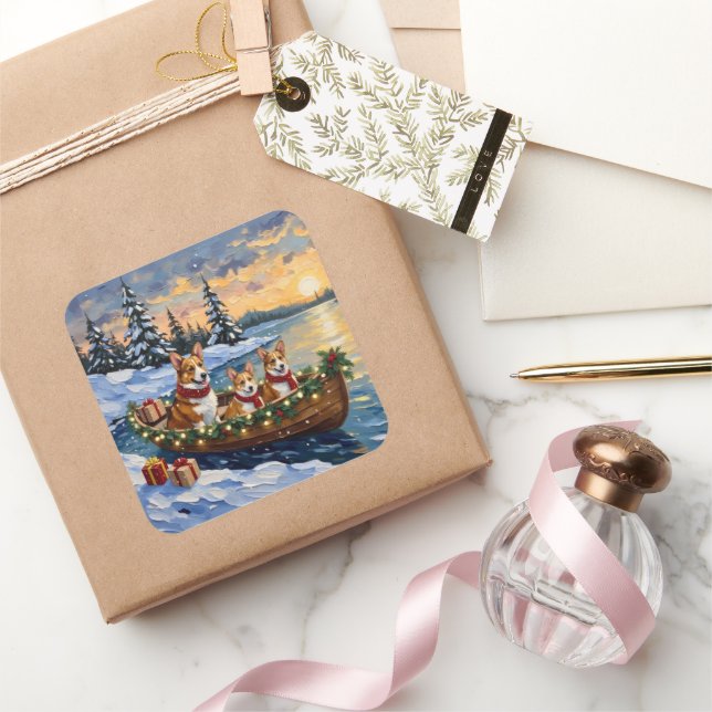 Adesivo Quadrado Corgi Christmas Boat Holiday (Presentear)