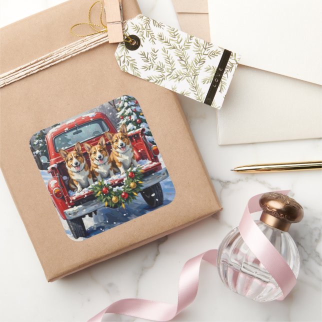 Adesivo Quadrado Corgi Christmas Red Truck Holiday (Presentear)