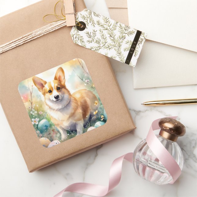 Adesivo Quadrado Corgi com Ovos de Páscoa Feriado (Presentear)