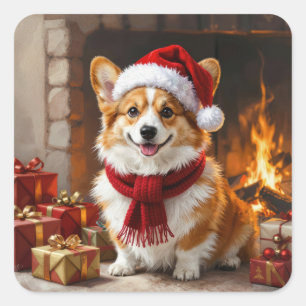 Adesivo Quadrado Corgi de Natal ao lado da Lareira