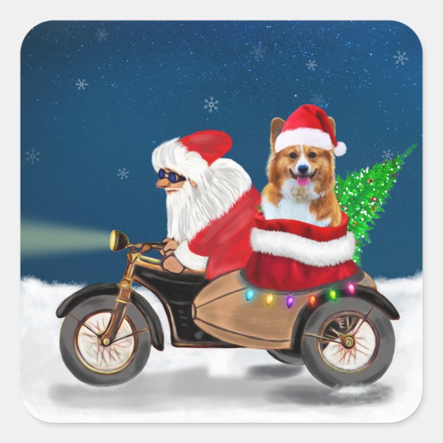 Adesivo Quadrado Corgi Dog Natal Papai Noel (Frente)
