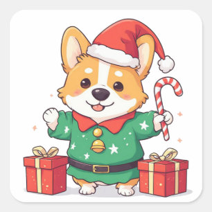 Adesivo Quadrado Corgi Elfo Segurando Presente de Natal Envolto