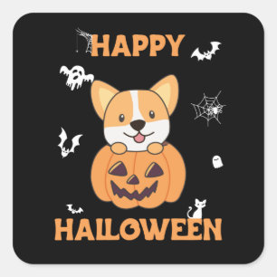 Adesivo Quadrado Corgi Em Cachorros De Abóbora Feliz Halloween