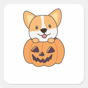 Adesivo Quadrado Corgi Em Cachorros De Abóbora Feliz Halloween
