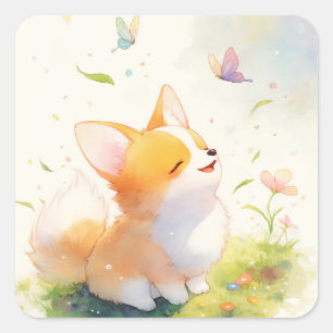 Adesivo Quadrado Corgi Feliz com Dança de Borboleta