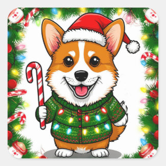 Adesivo Quadrado Corgi Feliz em Suéter de Natal e Chapéu de Papai N