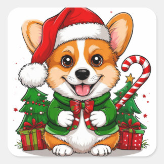 Adesivo Quadrado Corgi Festivo Vestindo Chapéu de Papai Noel e Suét