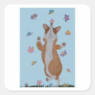 Adesivo Quadrado Corgi Galês Dançando com Borboletas