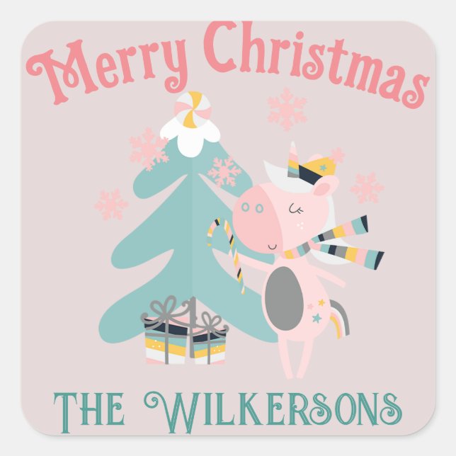 Adesivo Quadrado Corno de Natal Bonito, cor-de-rosa (Frente)