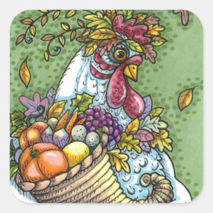 ADESIVO QUADRADO CORNUCOPIA HEN, OBRIGADO A COLHEITA DE GALINHA