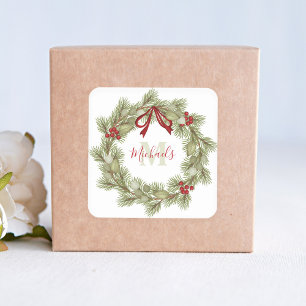 Adesivo Quadrado Coroa de Natal Elegante Monograma de Azevinho Verm