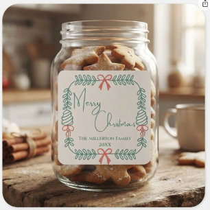 Adesivo Quadrado Coroa de Natal Verde Creme Família Alegre Natal