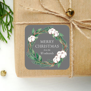 Adesivo Quadrado Coroa de Verdura de Inverno Feliz Natal Cinza
